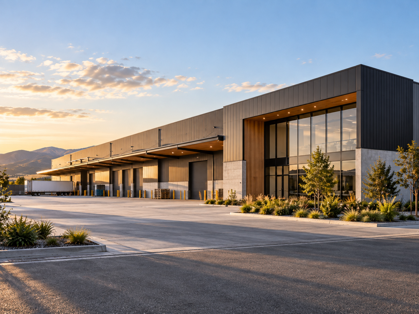 An industrial building with vehicle and loading access